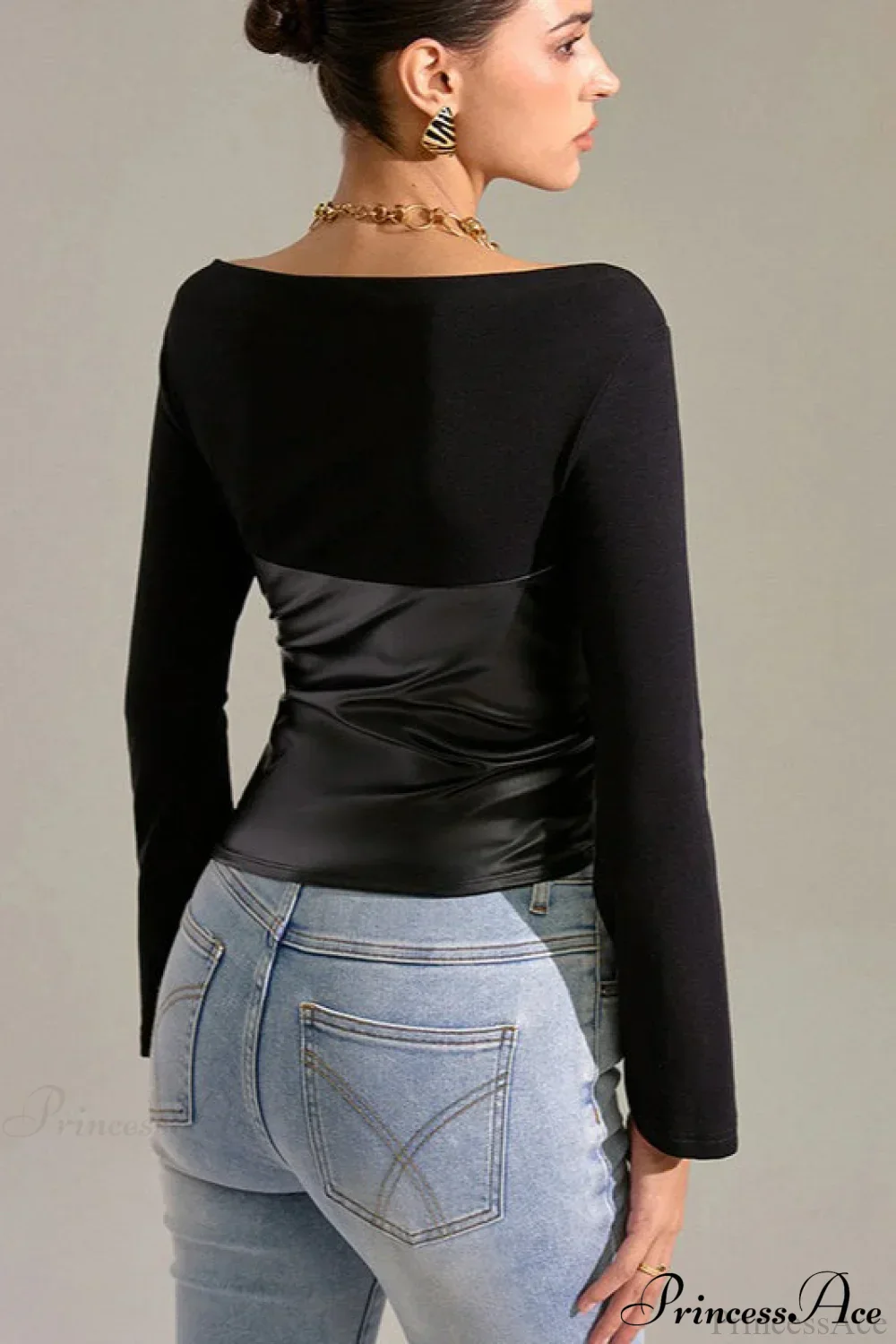 Bell-Sleeve Faux Leather Trim Solid Knit Top - Image 5