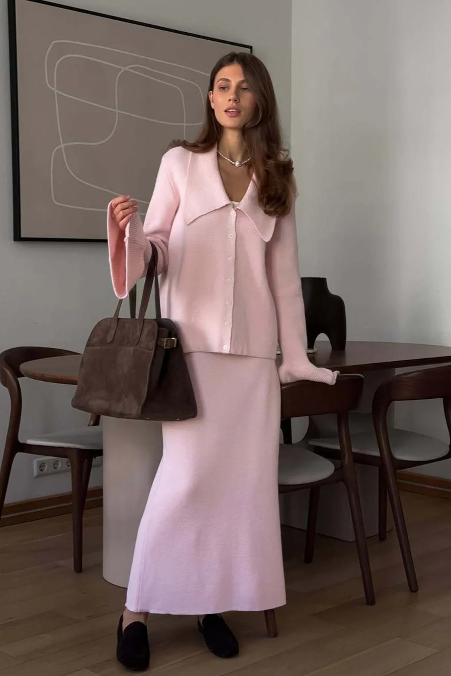 Bell-Sleeve Pink Polo Collar Cardigan Straight Skirt Two Piece Set - Image 3