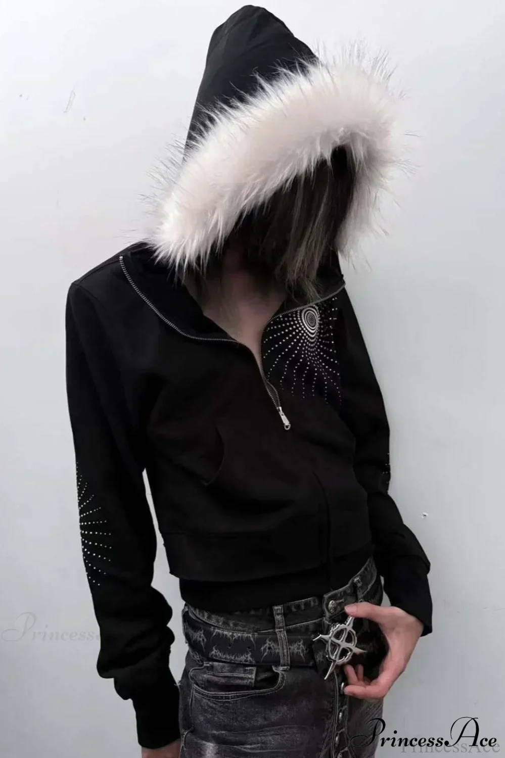 Big Fur Hood Print Zip-Up Hoodie - Image 3