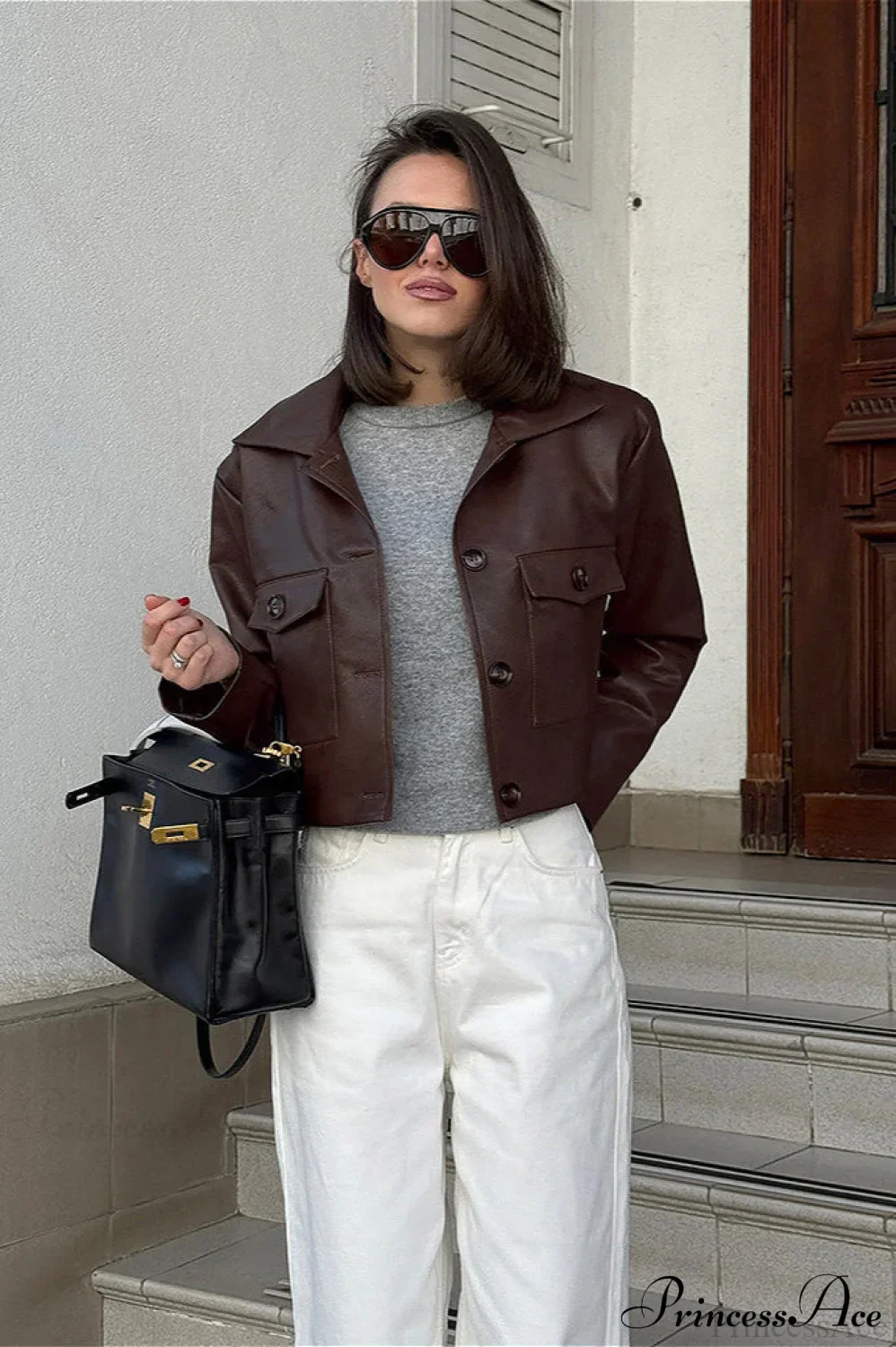 Biker Leather Collared Slim Coat - Image 2
