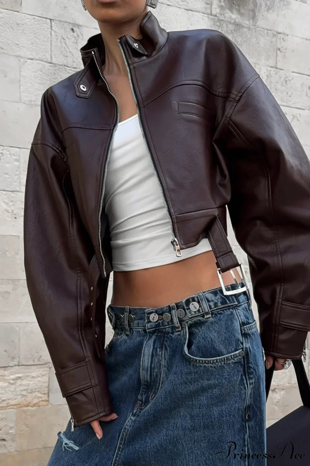 Biker Retro Leather Zip Stand Collar Short Jacket - Image 2
