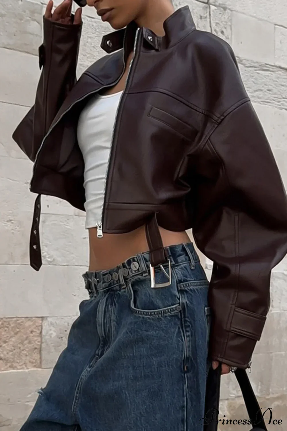 Biker Retro Leather Zip Stand Collar Short Jacket - Image 4
