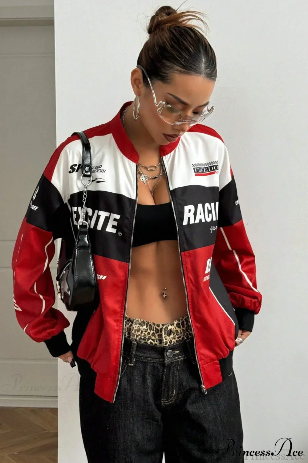 Biker Zip Letter Contrast Long Sleeve Coat - Image 2