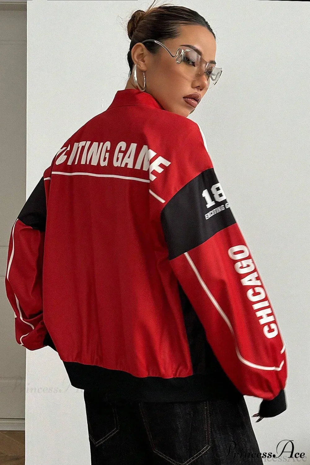 Biker Zip Letter Contrast Long Sleeve Coat - Image 3
