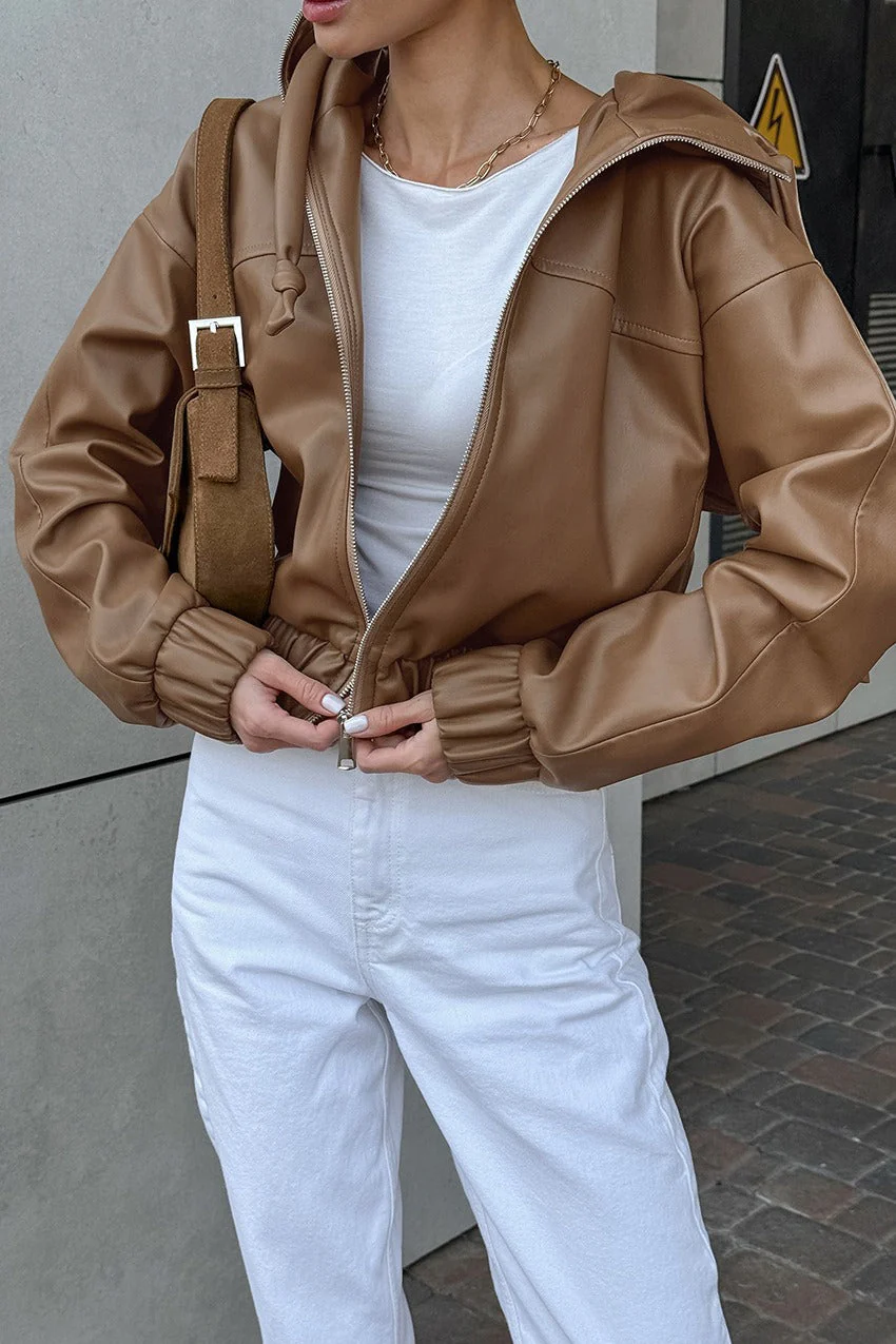 Black Faux Leather Hooded Loose Streetwear Jacket - Image 10