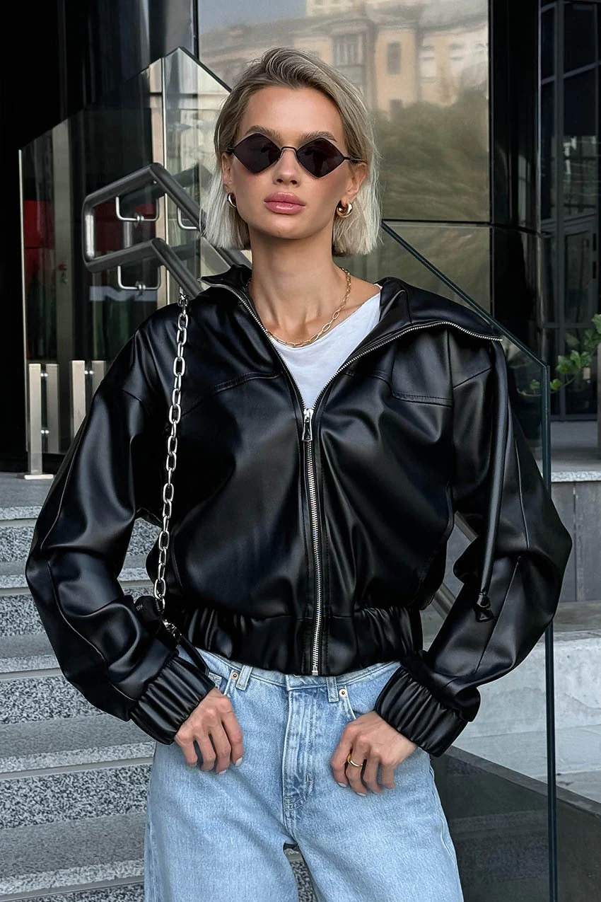 Black Faux Leather Hooded Loose Streetwear Jacket - Image 11