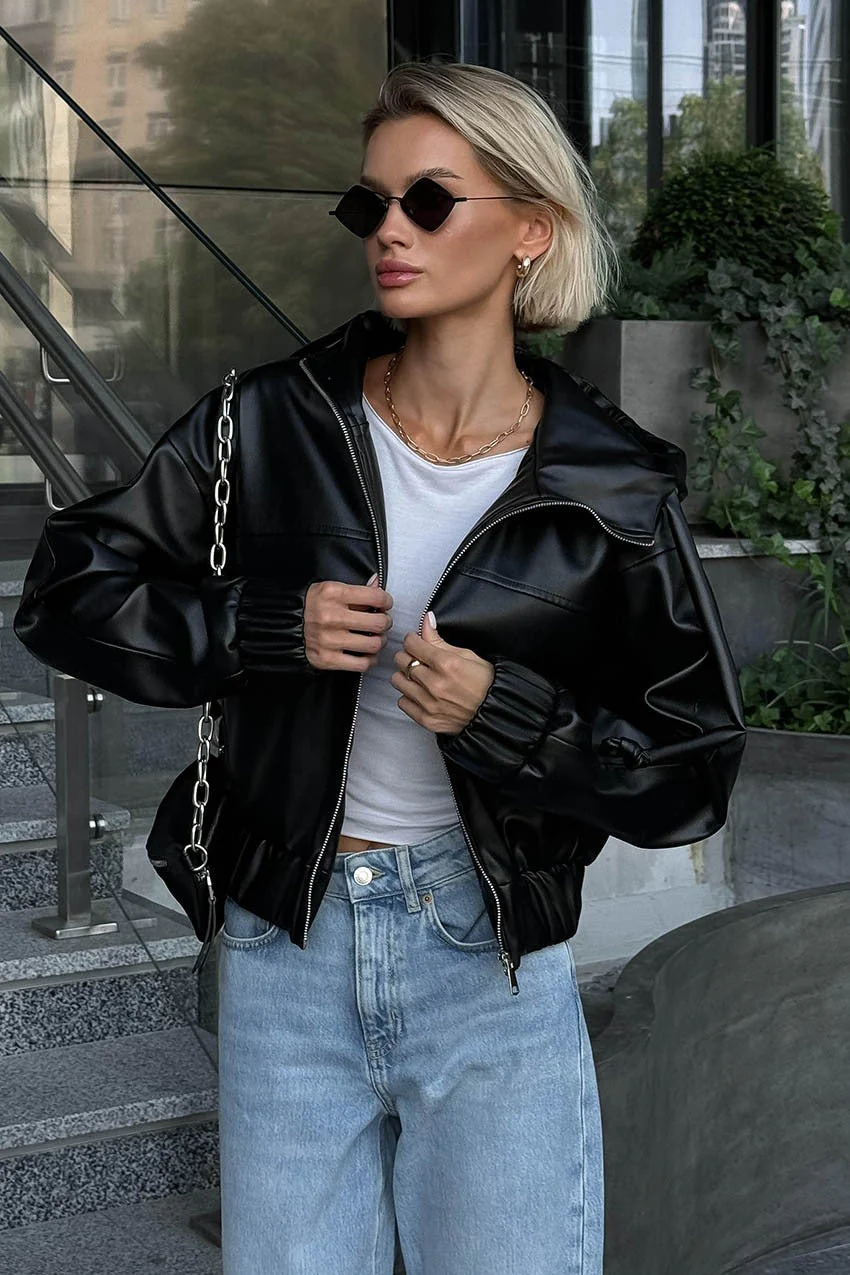 Black Faux Leather Hooded Loose Streetwear Jacket - Image 12