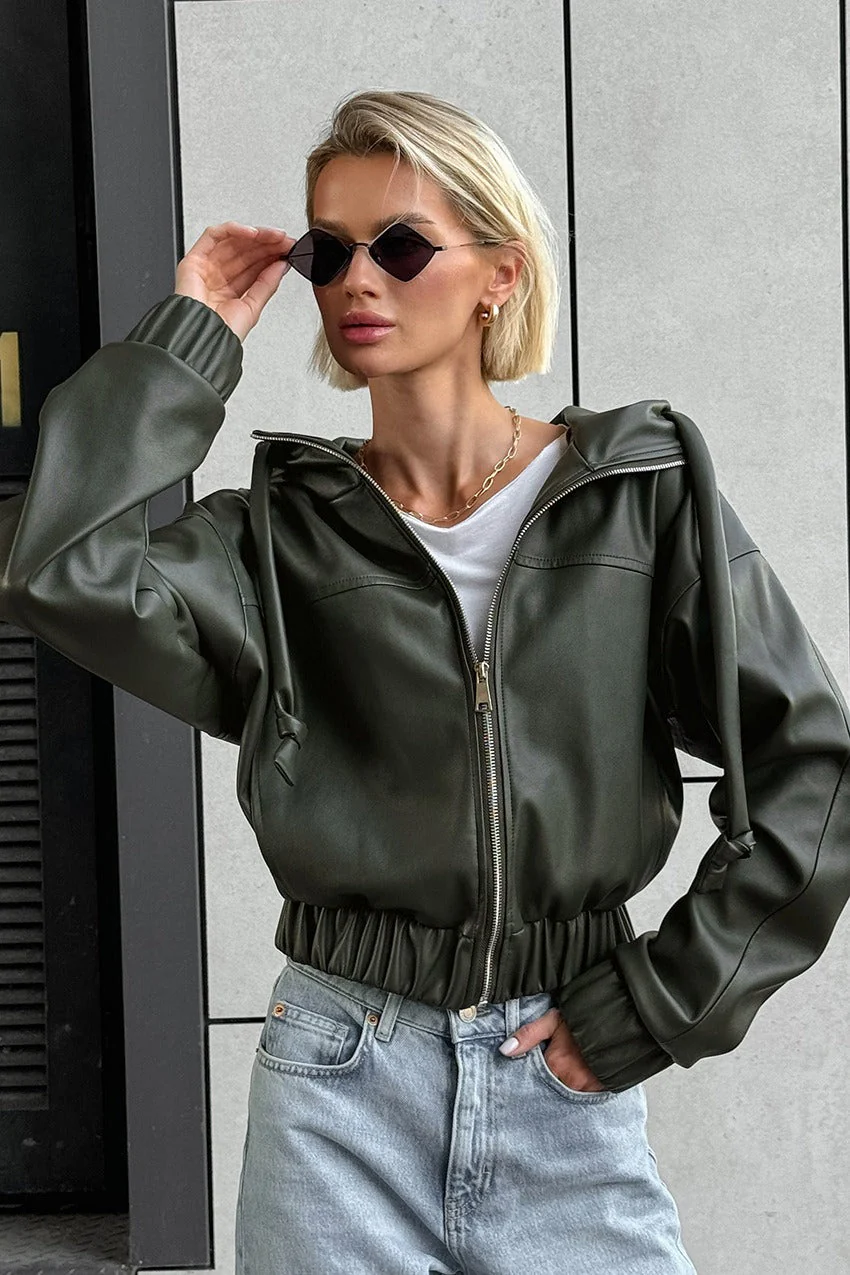 Black Faux Leather Hooded Loose Streetwear Jacket - Image 2