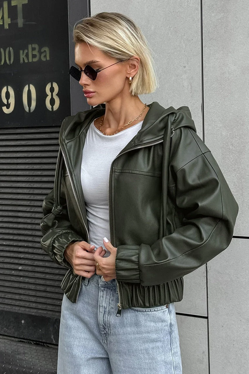Black Faux Leather Hooded Loose Streetwear Jacket - Image 4