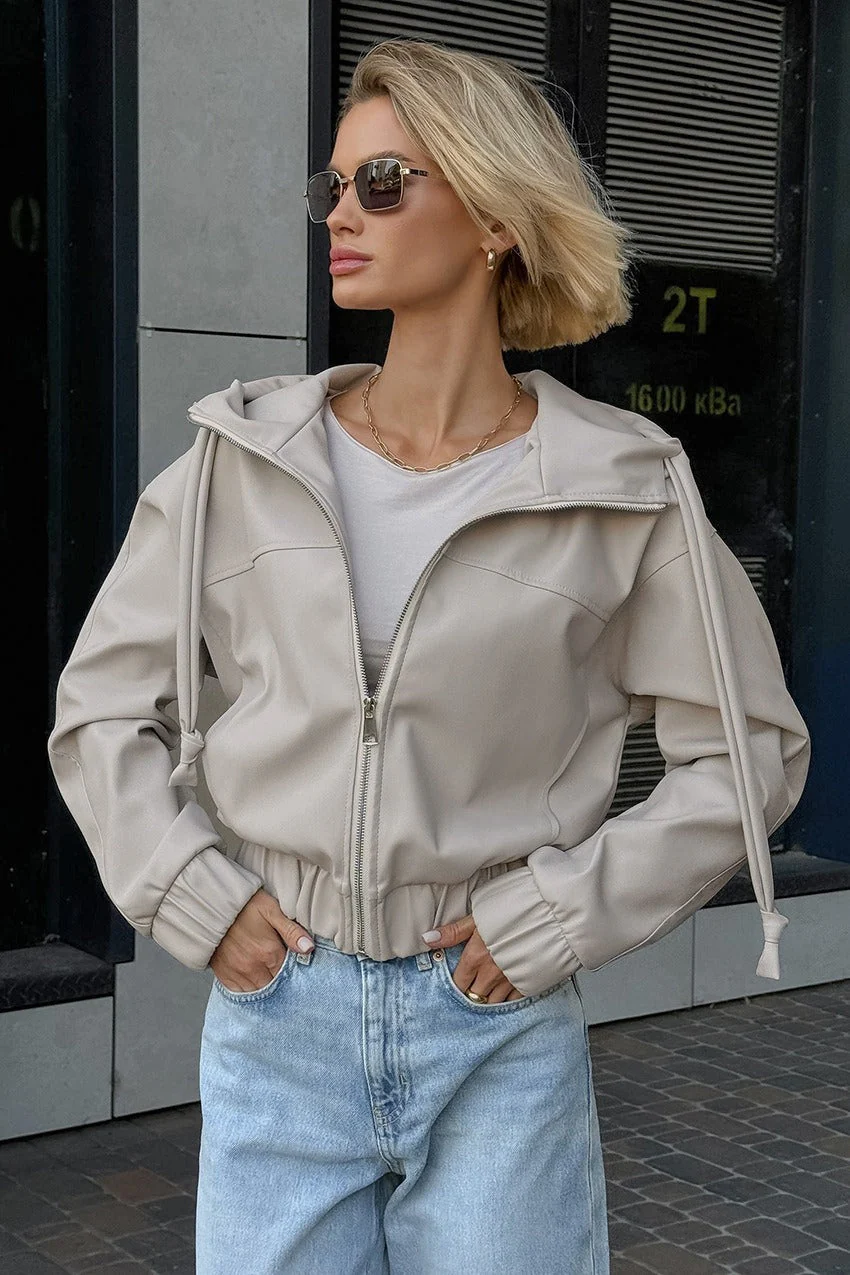 Black Faux Leather Hooded Loose Streetwear Jacket - Image 5