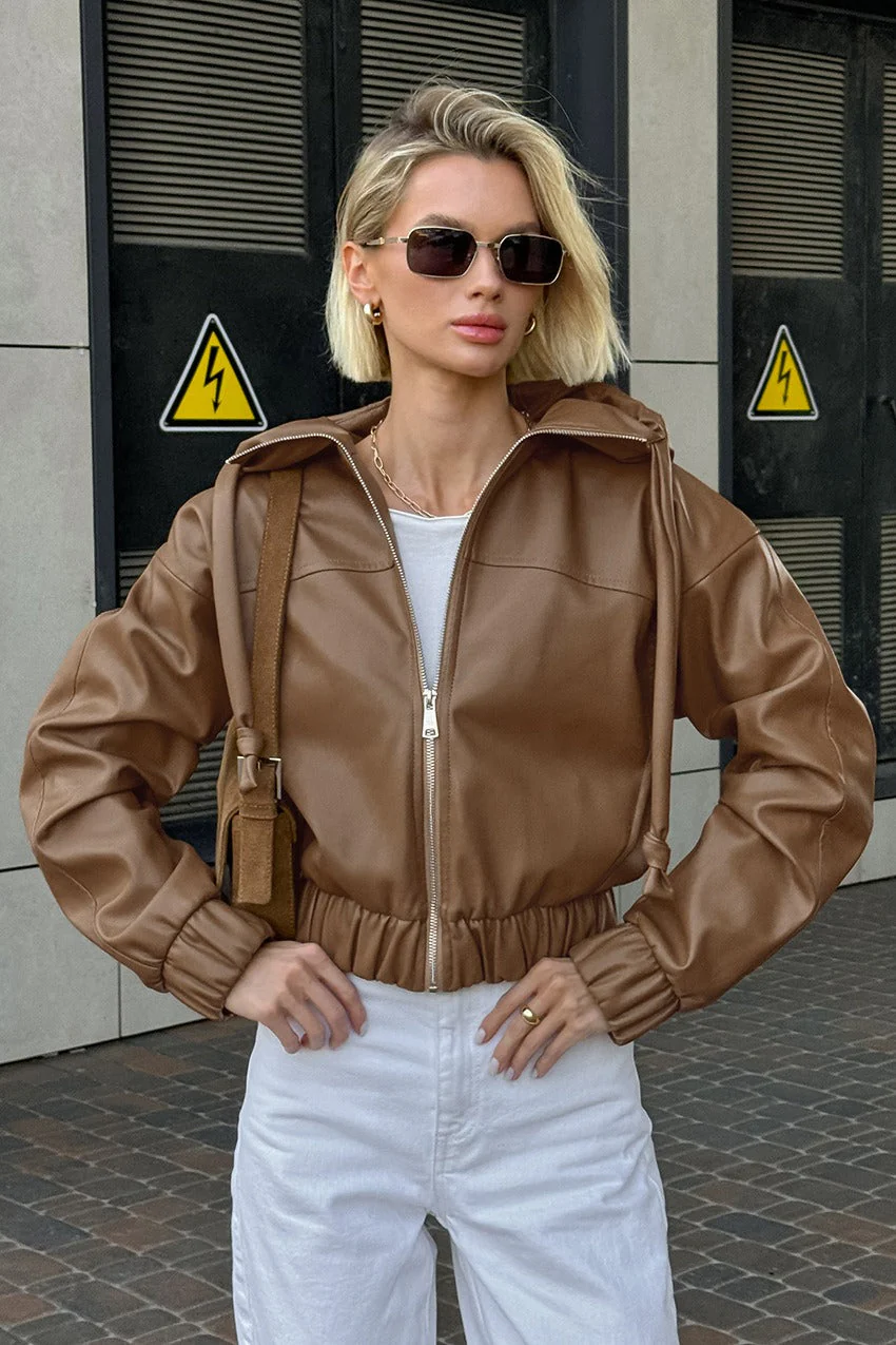 Black Faux Leather Hooded Loose Streetwear Jacket - Image 9