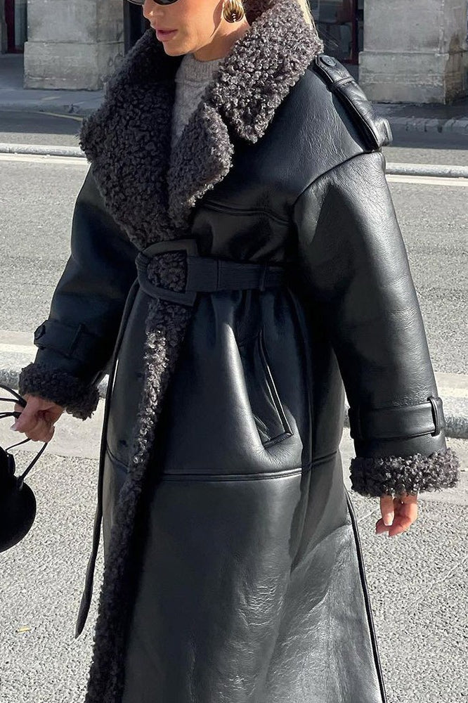 Black Faux Shearling Belted Casual Cool Overcoat - Image 2