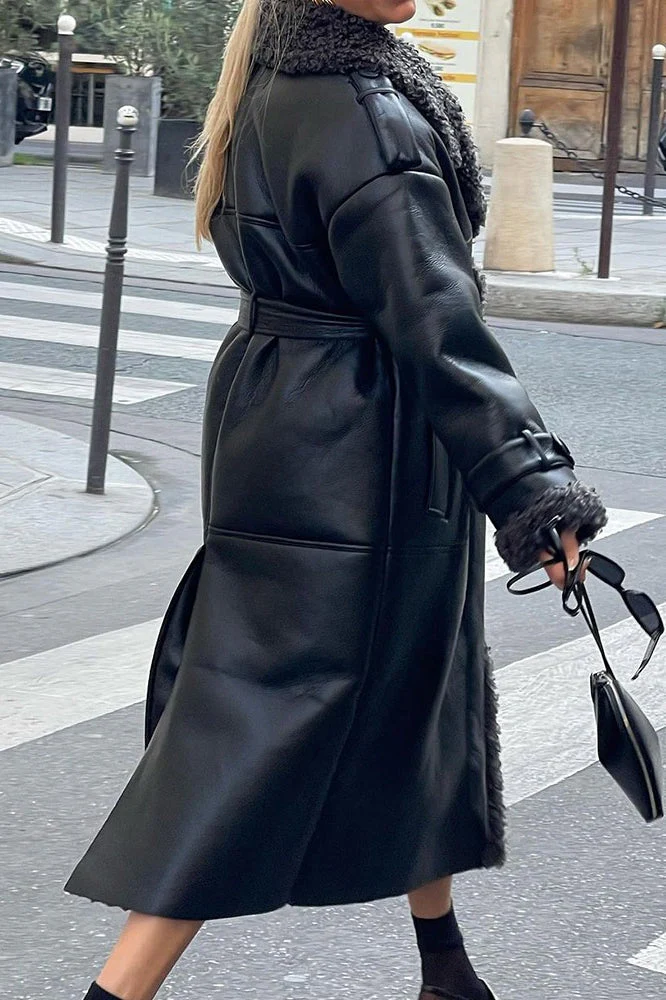 Black Faux Shearling Belted Casual Cool Overcoat - Image 5