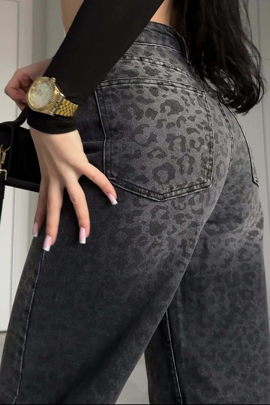 Black Grey Washed Leopard Print High Waist Jeans - Image 2