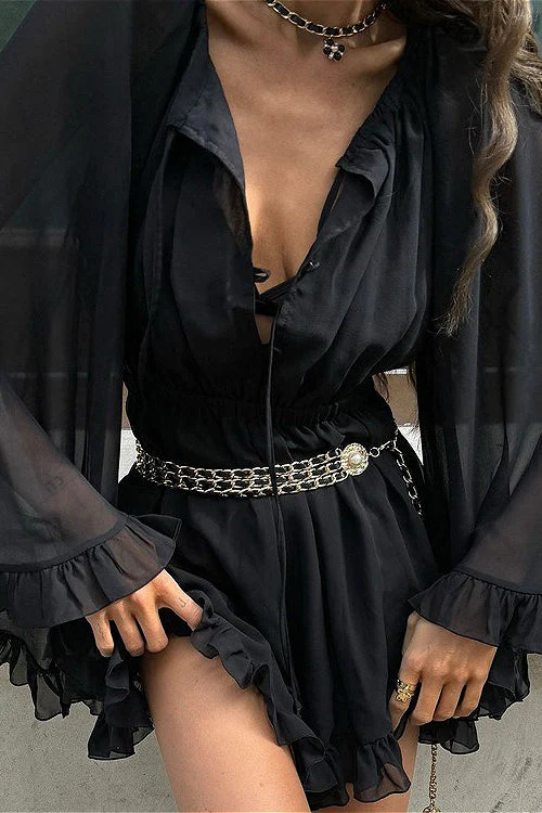 Black Mesh Sheer Ruched Waist Mini Dress - Image 2