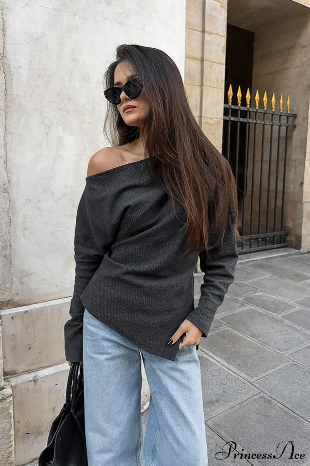 Black Off Shoulder Knit Slim Long Sleeve Tee - Image 2