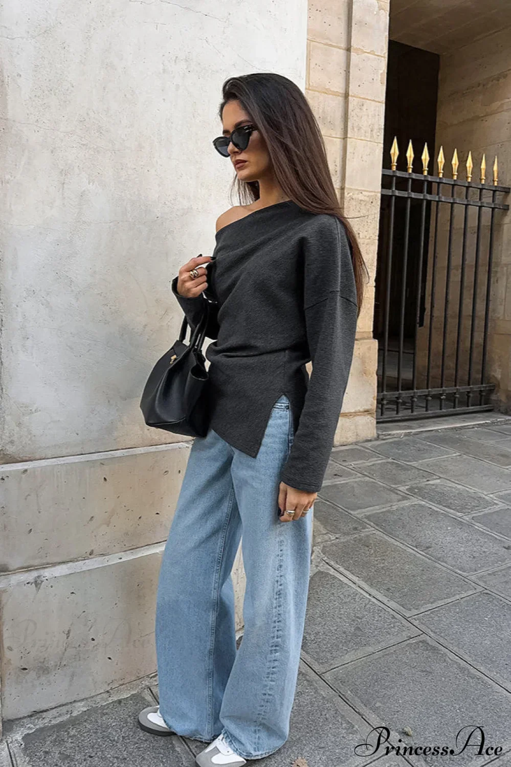 Black Off Shoulder Knit Slim Long Sleeve Tee - Image 3