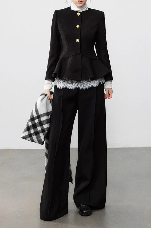 Black Pleated Waist Elegant Wool Coat - Image 3