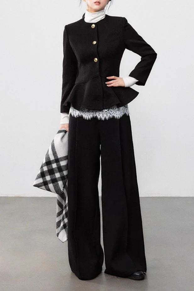 Black Pleated Waist Elegant Wool Coat - Image 4