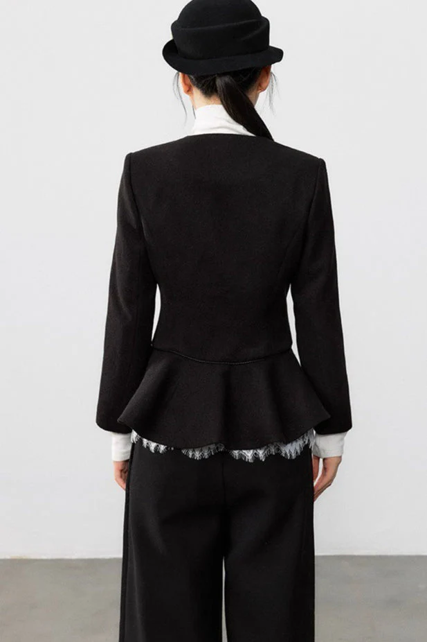 Black Pleated Waist Elegant Wool Coat - Image 5