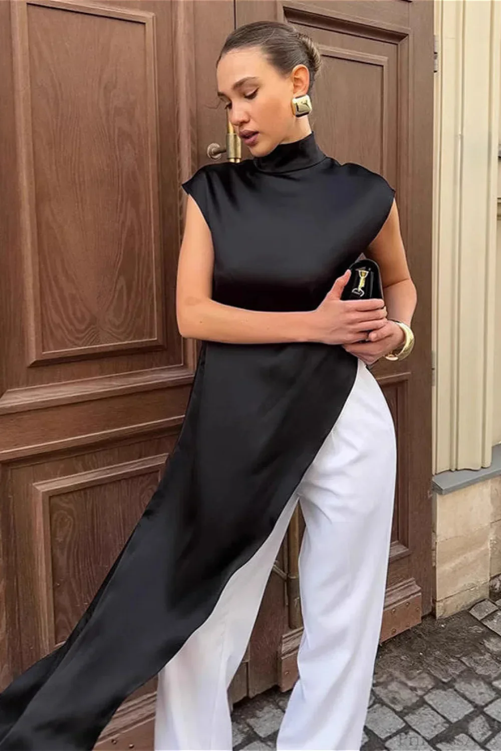 Black Satin Asymmetrical Layered Blouse - Image 2