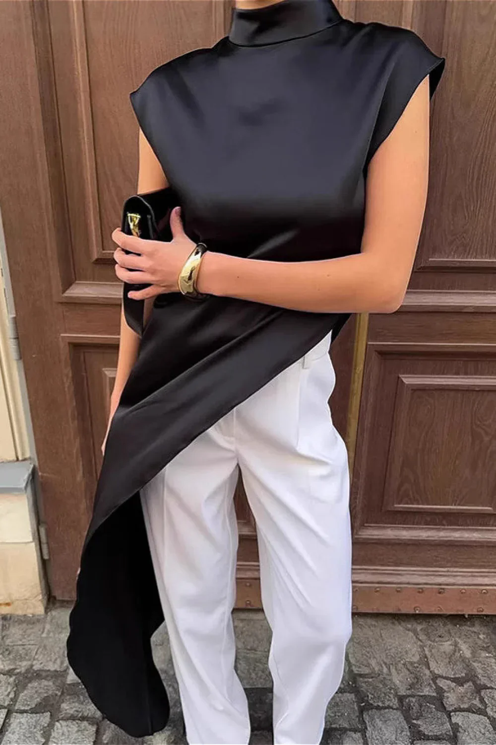 Black Satin Asymmetrical Layered Blouse - Image 3