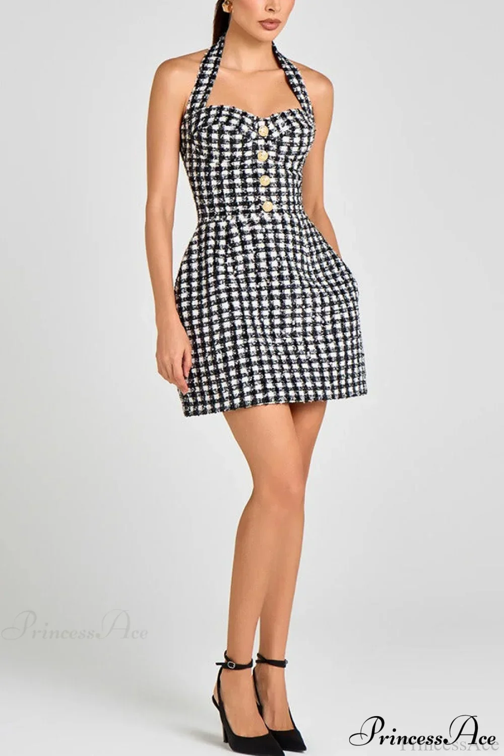 Black White Plaid Tweed Halter Party Dress - Image 4