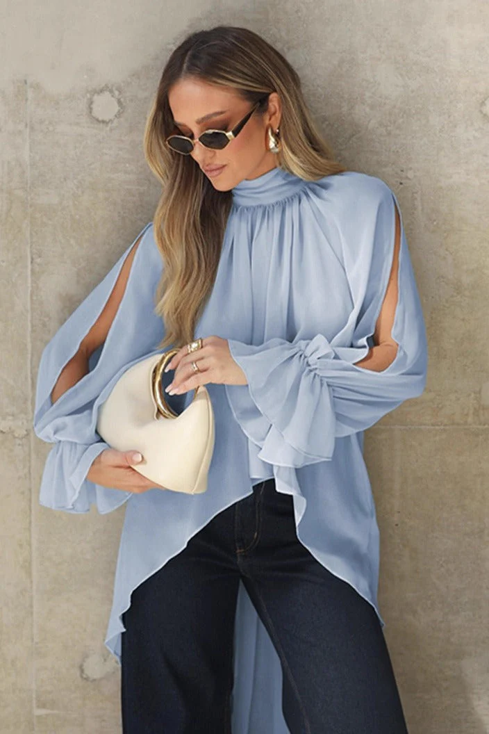 Blue Chiffon Bell Sleeve Cutout Blouse - Image 2