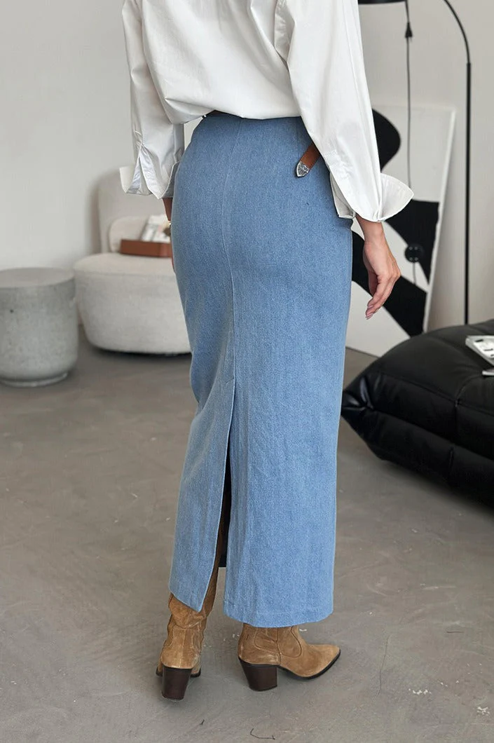 Blue Denim Bodycon Split Skirt - Image 2