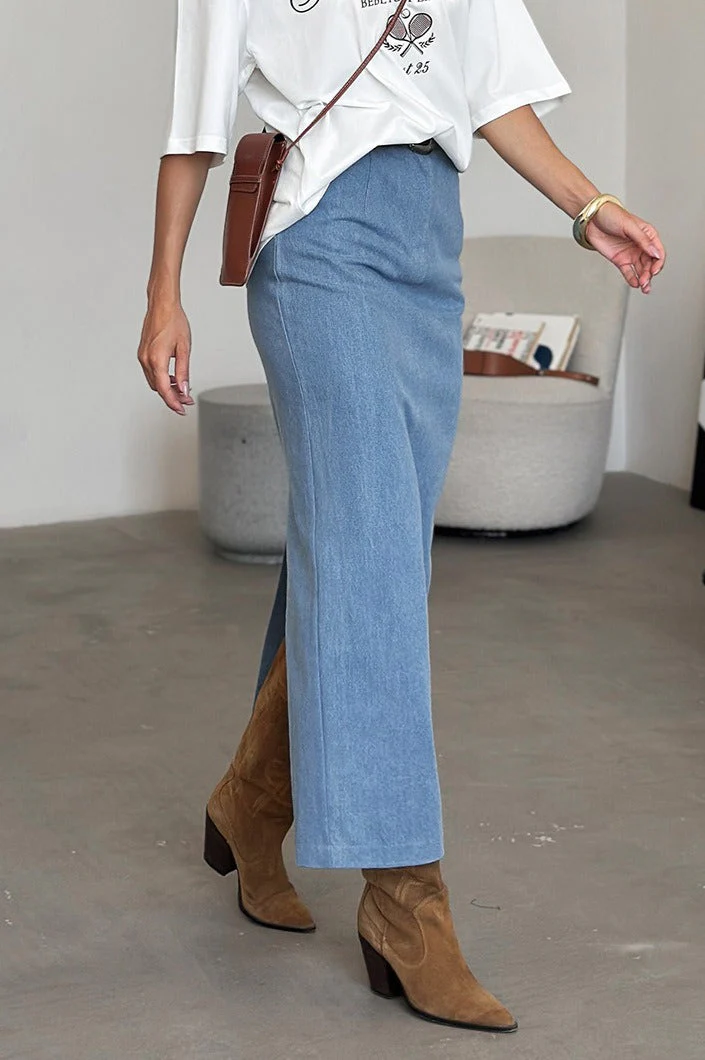 Blue Denim Bodycon Split Skirt - Image 3