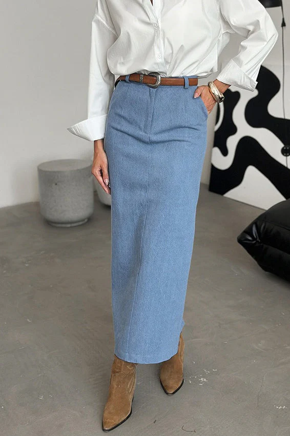 Blue Denim Bodycon Split Skirt - Image 4