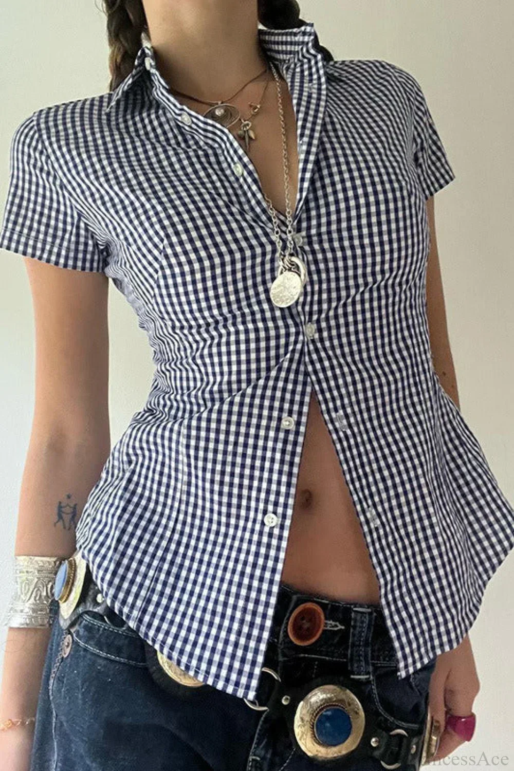Blue Plaid Fitted Polo Collar Short Sleeve Blouse - Image 2
