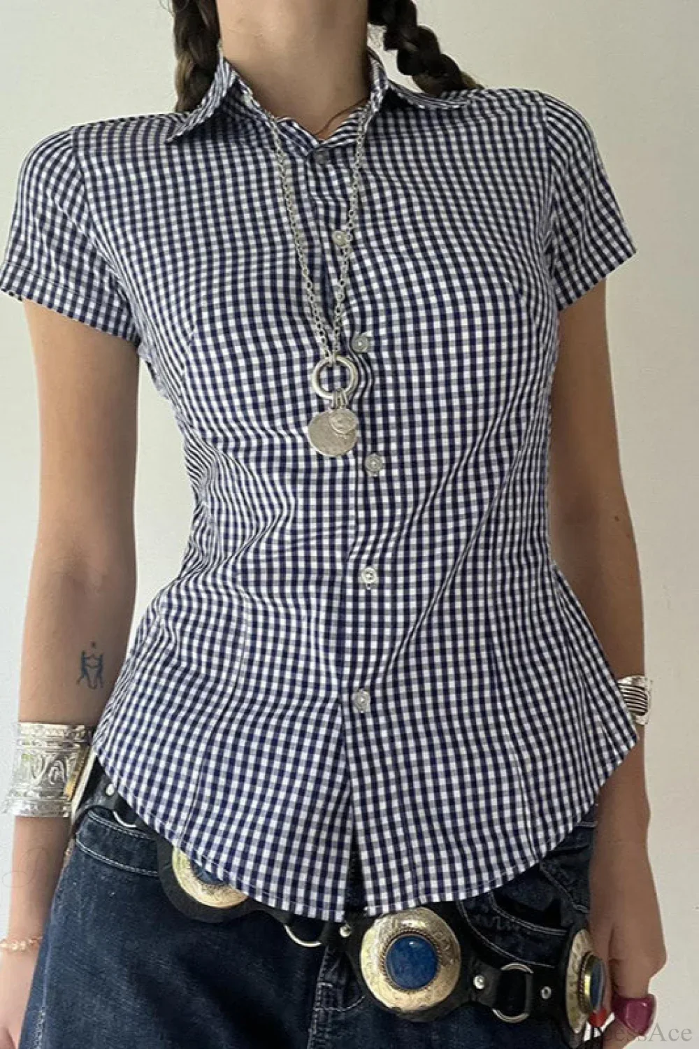 Blue Plaid Fitted Polo Collar Short Sleeve Blouse - Image 3