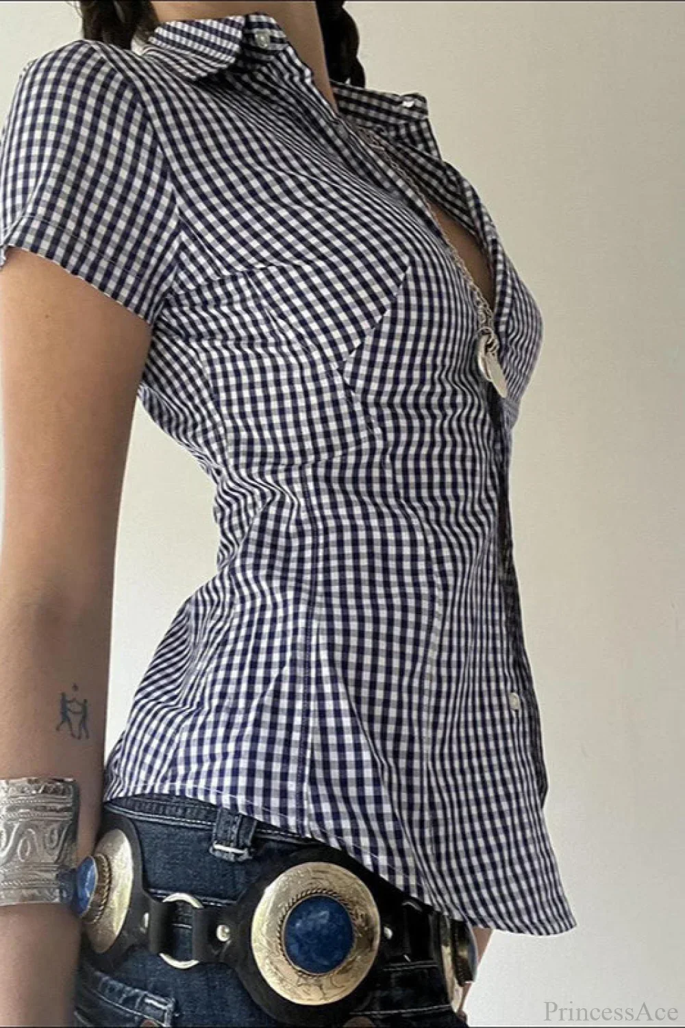 Blue Plaid Fitted Polo Collar Short Sleeve Blouse - Image 4