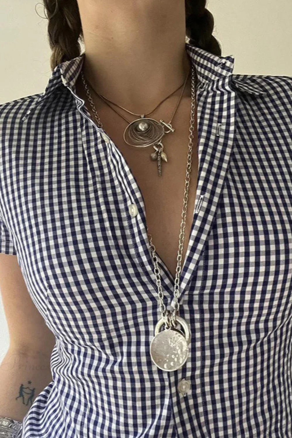 Blue Plaid Fitted Polo Collar Short Sleeve Blouse - Image 5