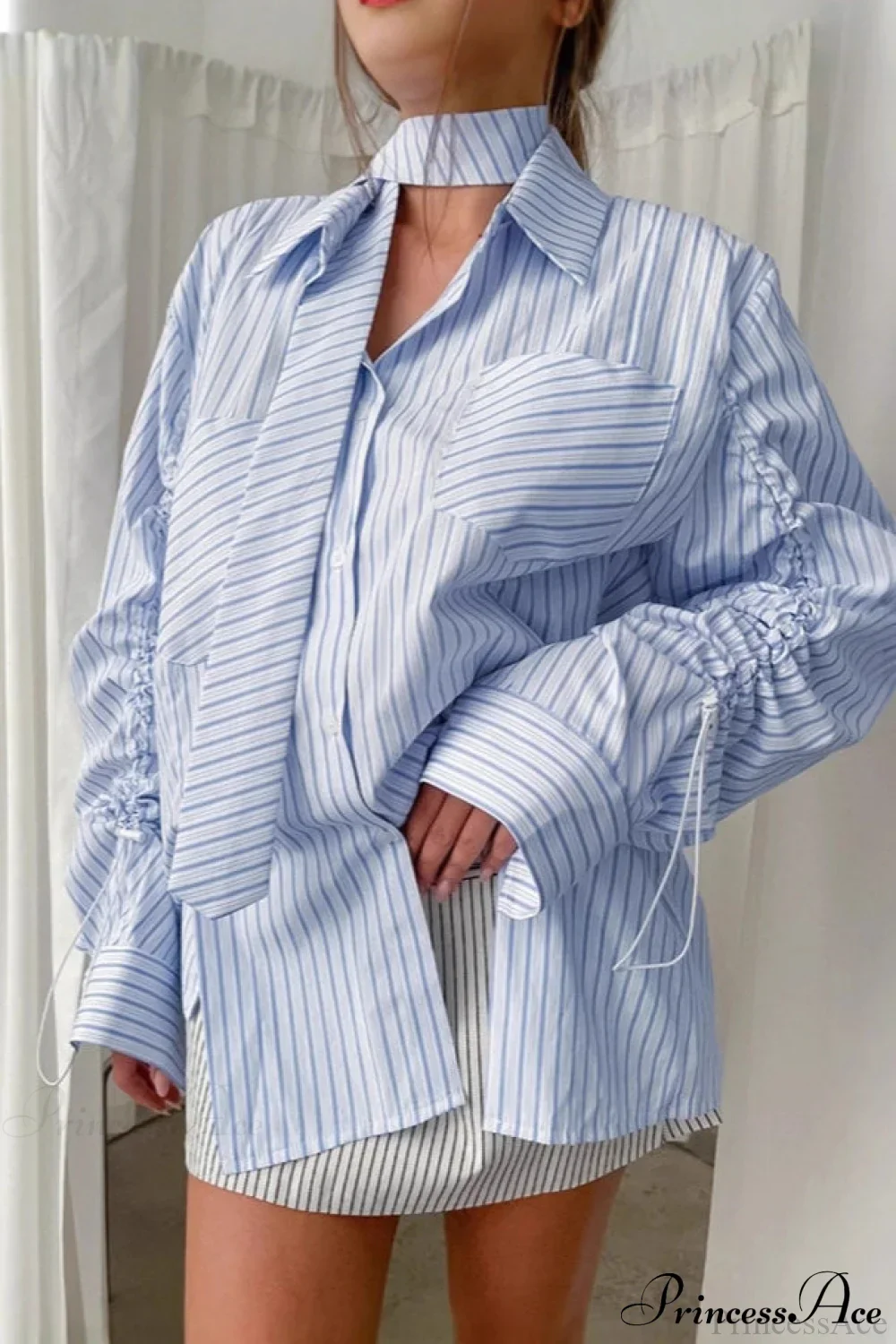 Blue Striped Halter Drawstring Blouse - Image 2