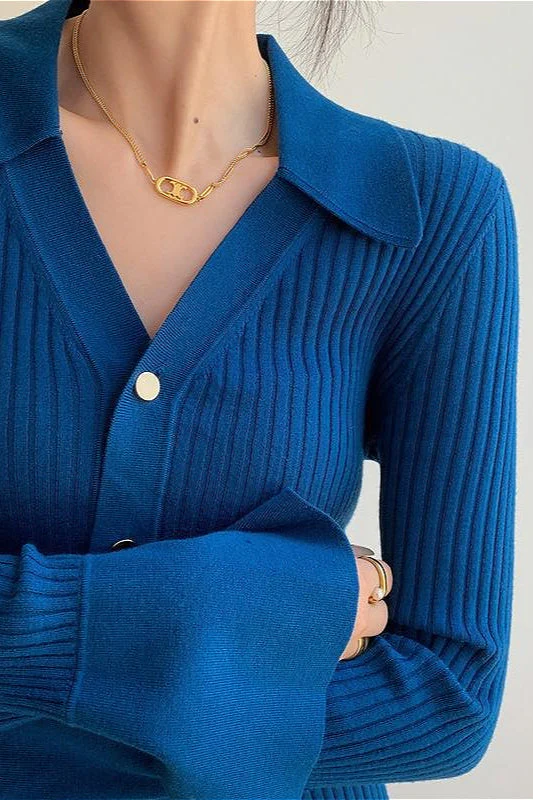 Blue V-Neck Stylish Slim Knit Cardigan - Image 2