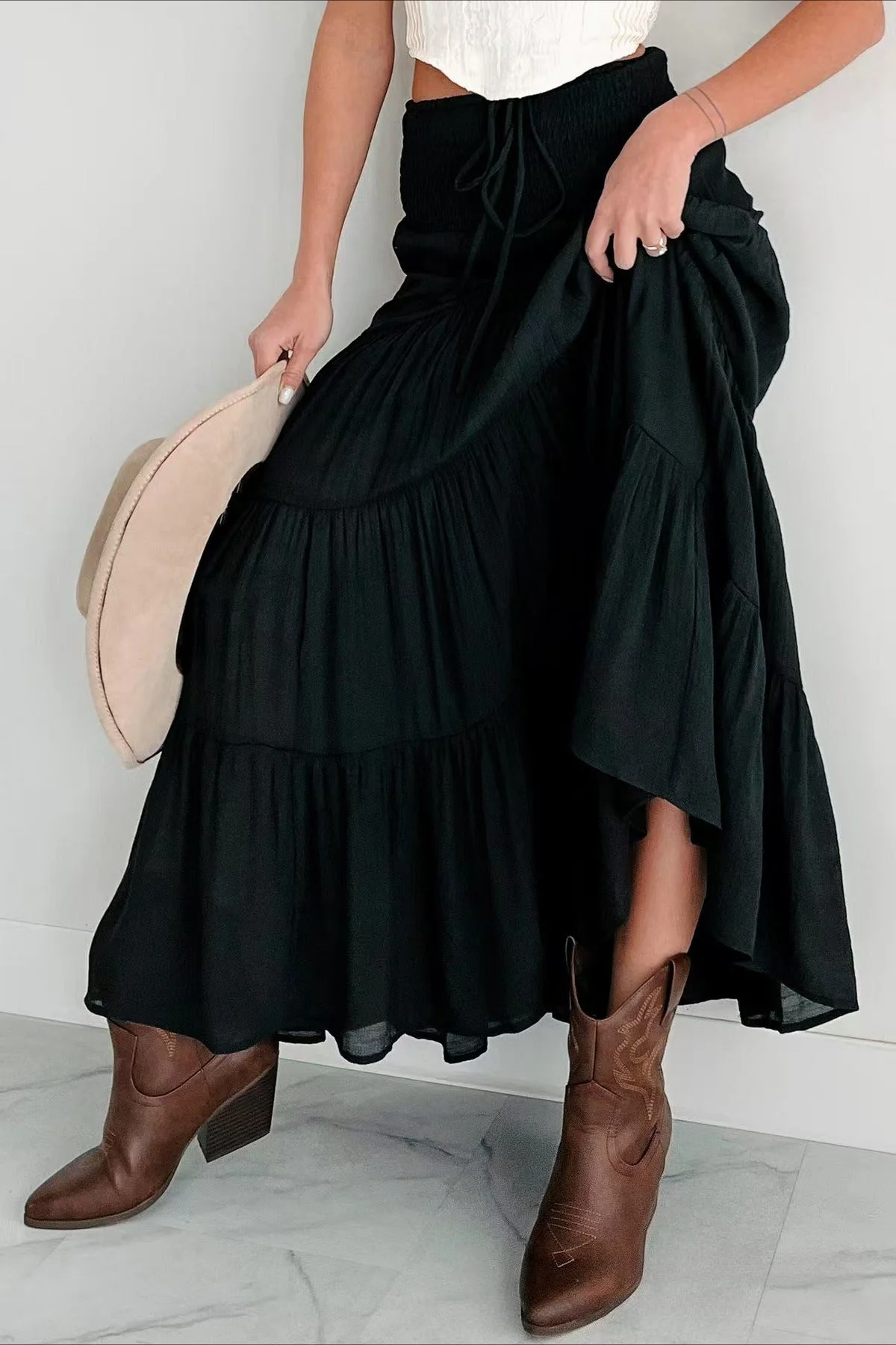 Boho Chic High Waisted Contrast Drawstring A Line Maxi Skirt - Image 11