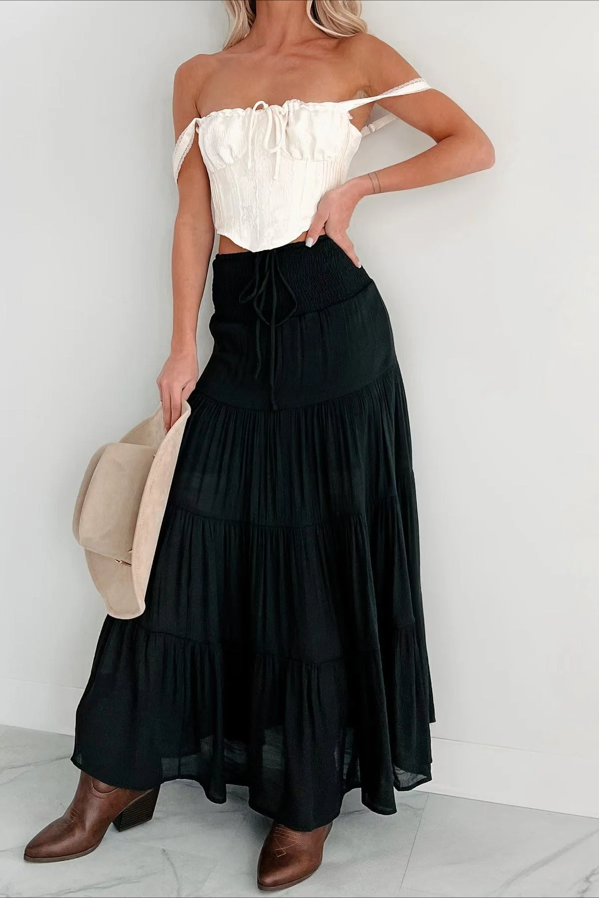 Boho Chic High Waisted Contrast Drawstring A Line Maxi Skirt - Image 12