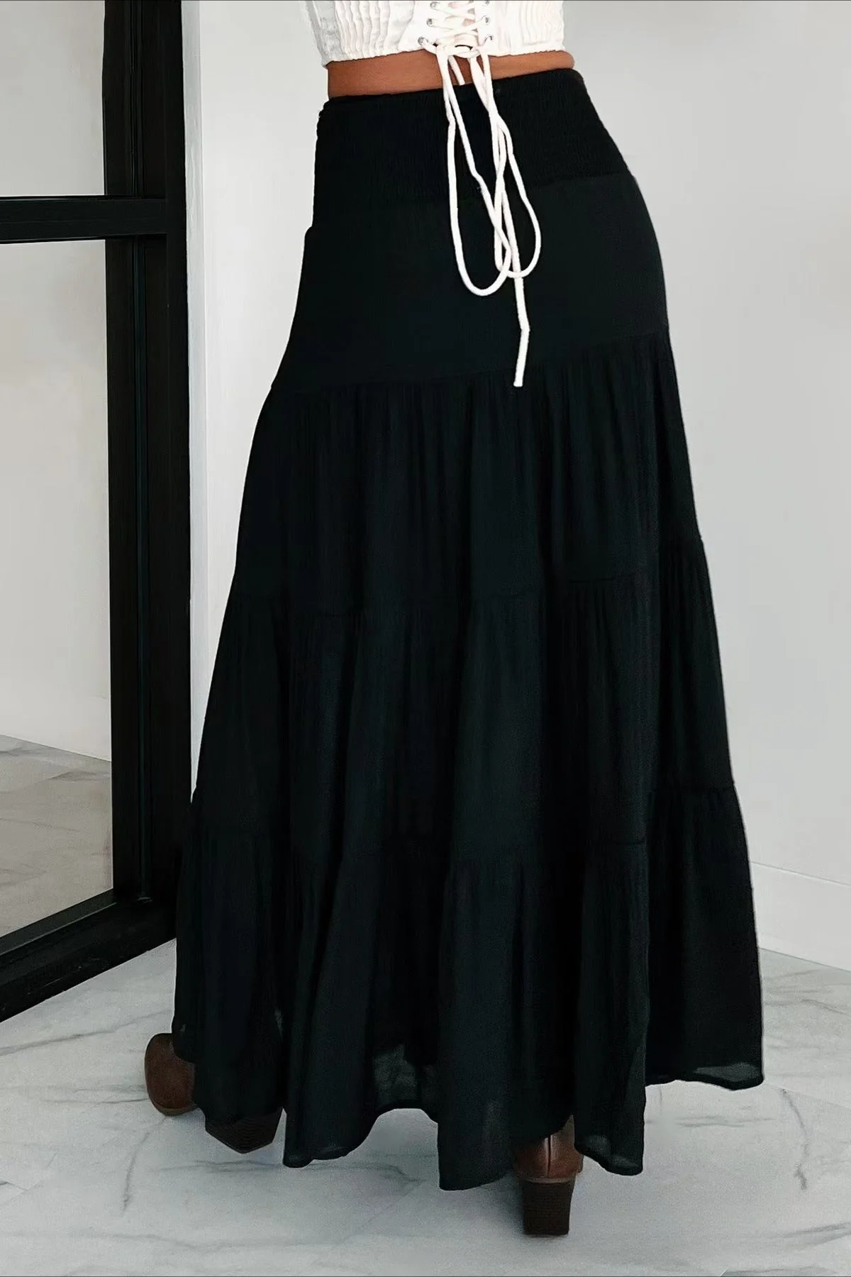 Boho Chic High Waisted Contrast Drawstring A Line Maxi Skirt - Image 13