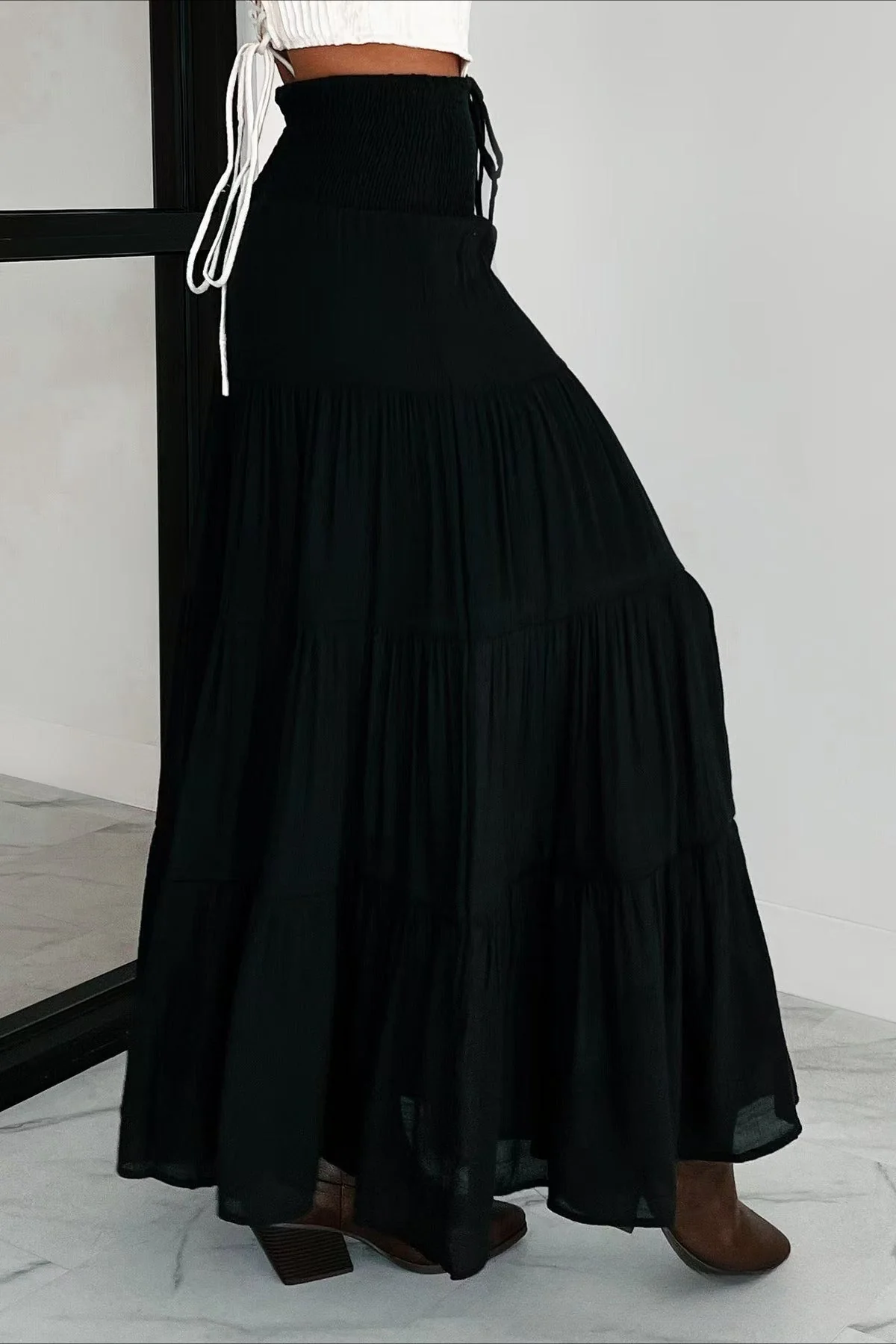 Boho Chic High Waisted Contrast Drawstring A Line Maxi Skirt - Image 14