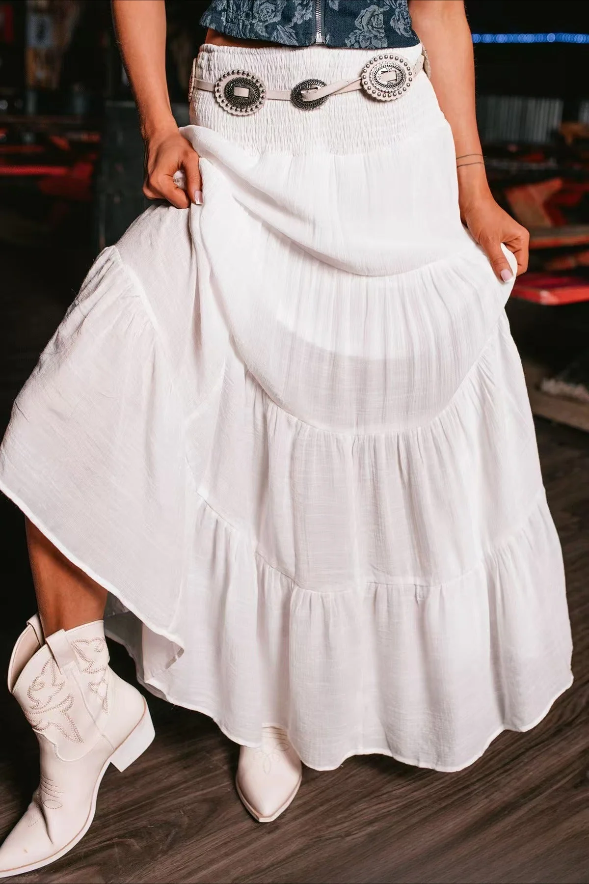 Boho Chic High Waisted Contrast Drawstring A Line Maxi Skirt - Image 2