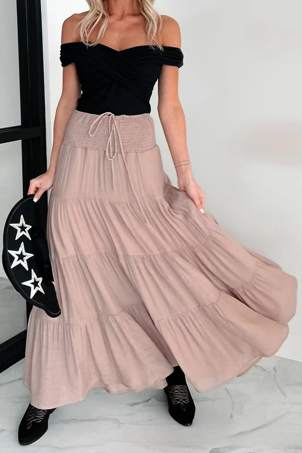 Boho Chic High Waisted Contrast Drawstring A Line Maxi Skirt - Image 6