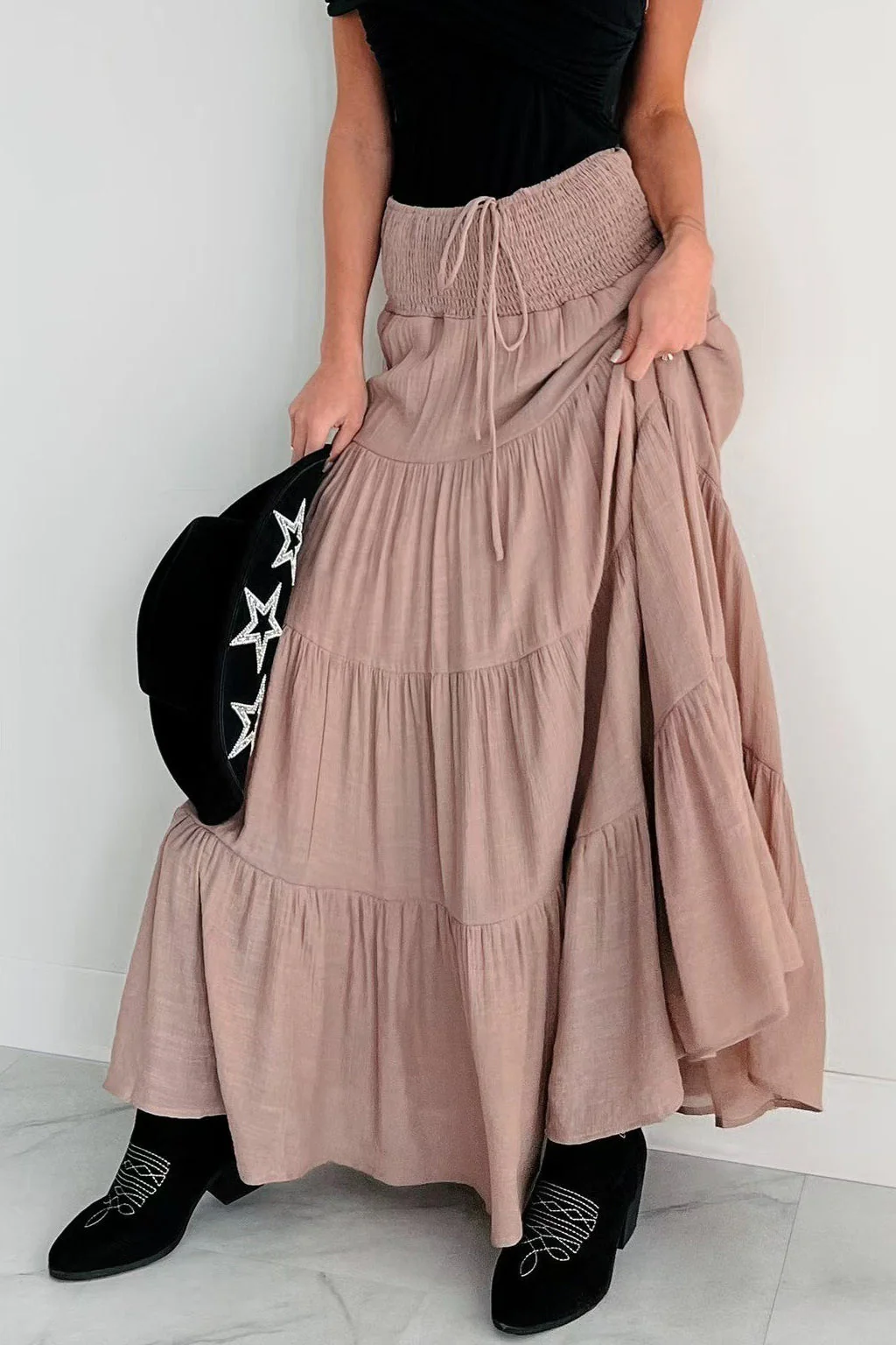 Boho Chic High Waisted Contrast Drawstring A Line Maxi Skirt - Image 7