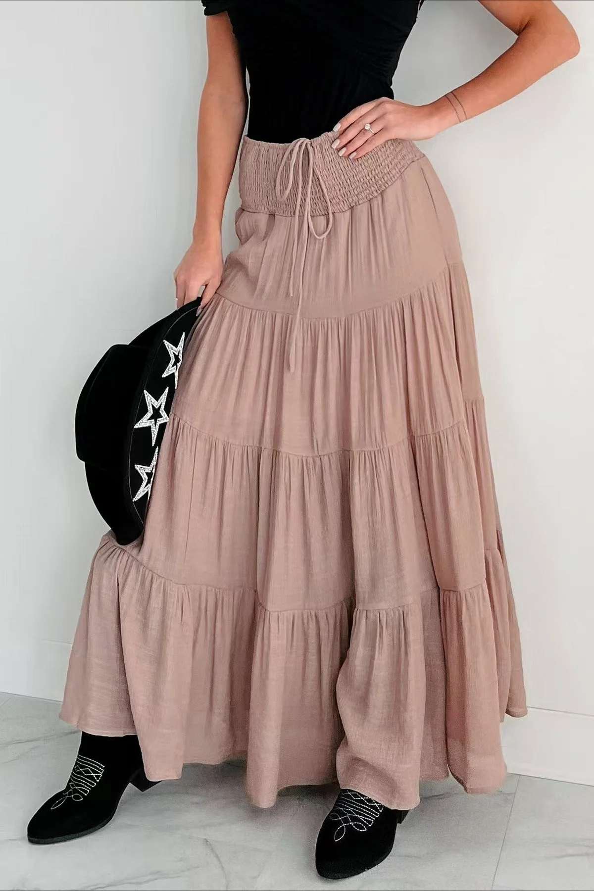 Boho Chic High Waisted Contrast Drawstring A Line Maxi Skirt - Image 8