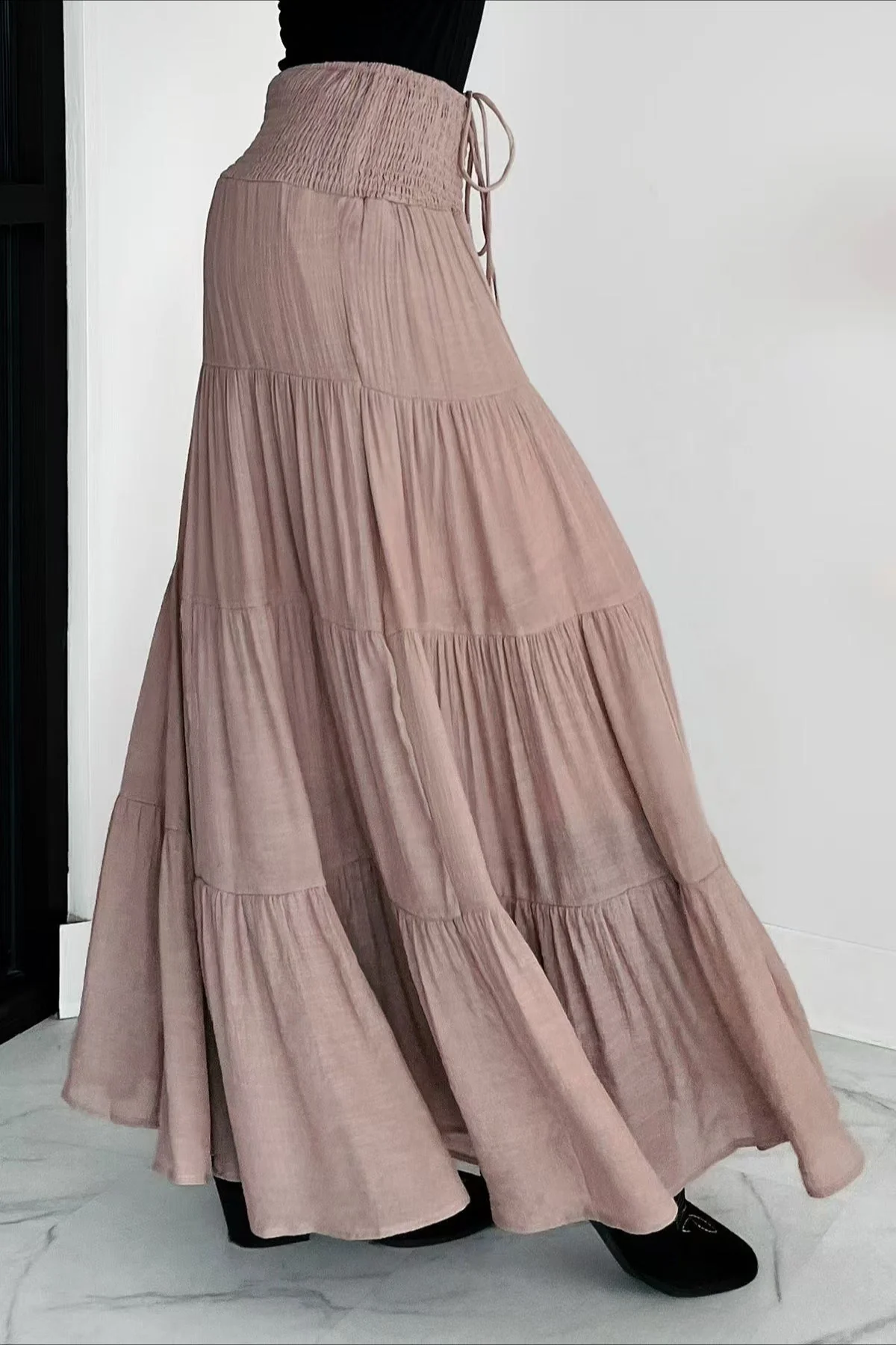Boho Chic High Waisted Contrast Drawstring A Line Maxi Skirt - Image 9