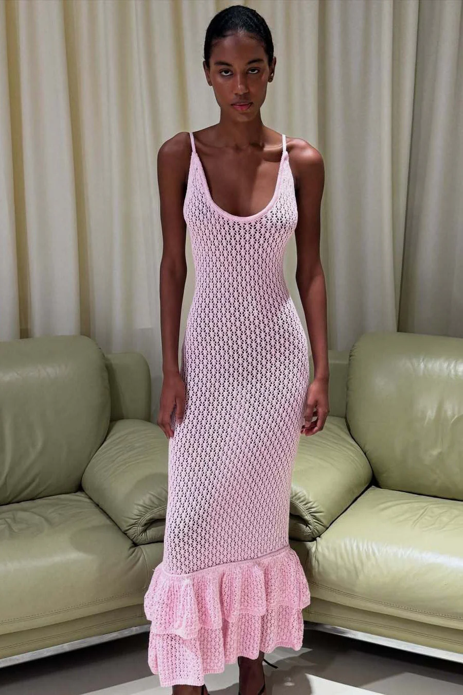 Boho Ruffle Knit Sexy Cutout Sheer Cami Maxi Dress - Image 12