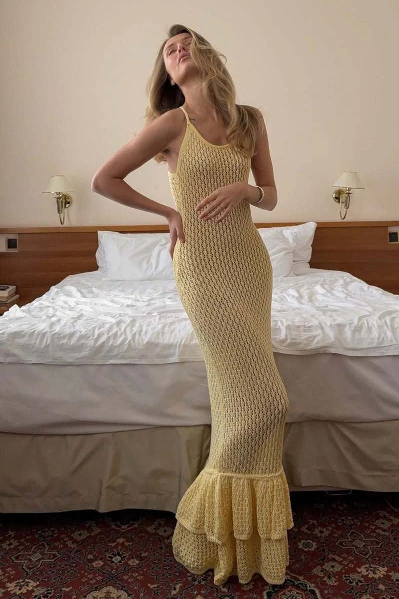 Boho Ruffle Knit Sexy Cutout Sheer Cami Maxi Dress - Image 2