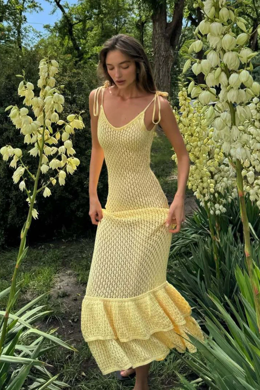 Boho Ruffle Knit Sexy Cutout Sheer Cami Maxi Dress - Image 5