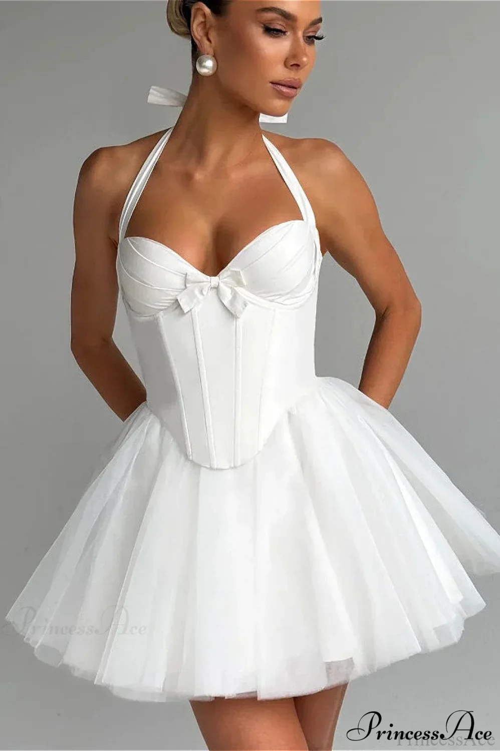 Boned Halter Tie-Back Lace Trim Party Dress - Image 4